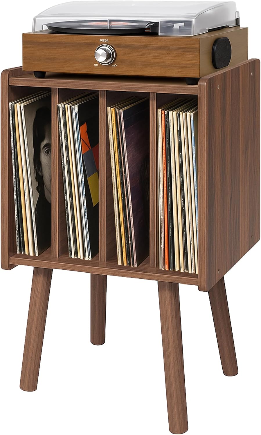 Record Player Stand, Vinyl Record Storage Table with 4 Cabinet, Mid Century M...