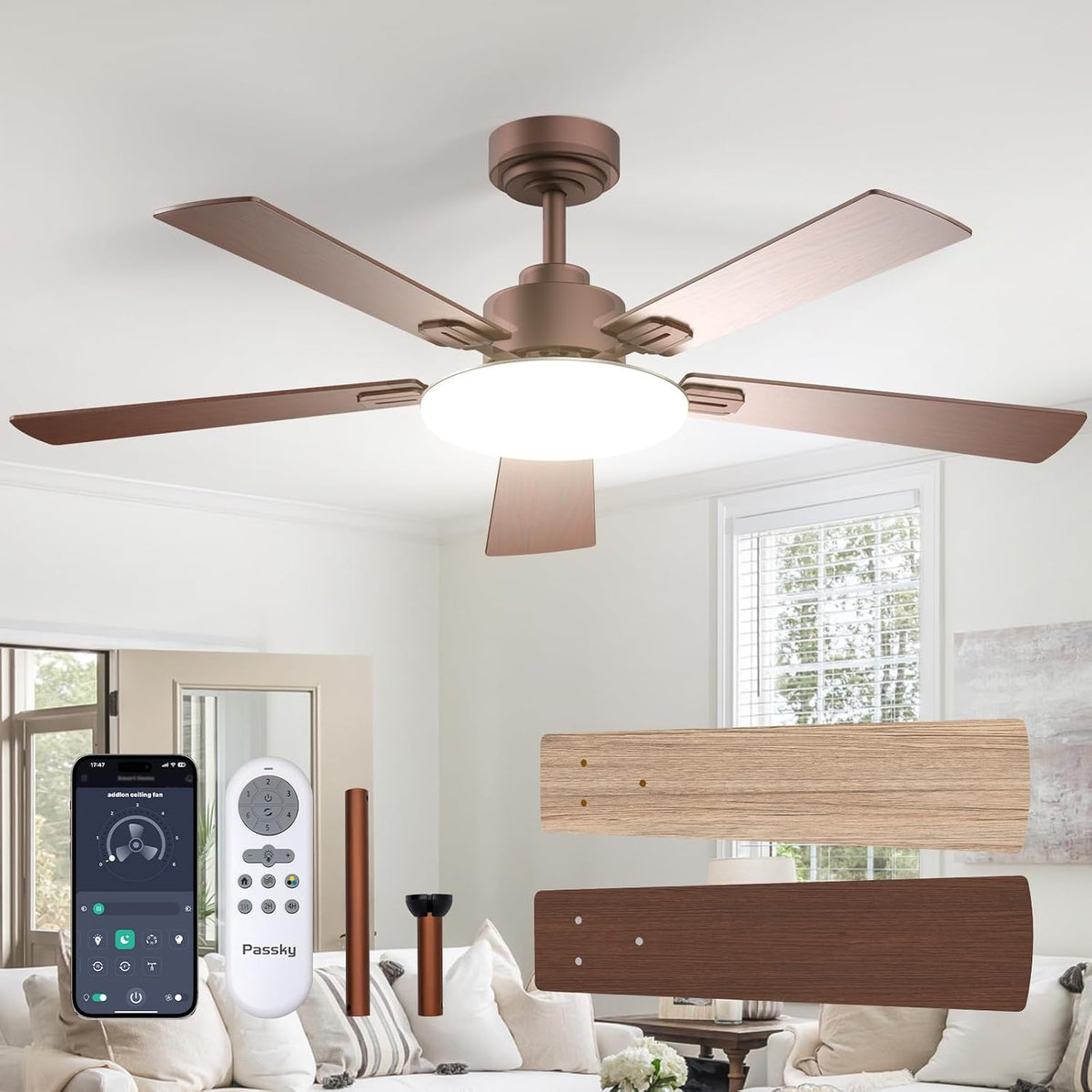 passky 52 inch brown sleek ceiling fans with, main product view