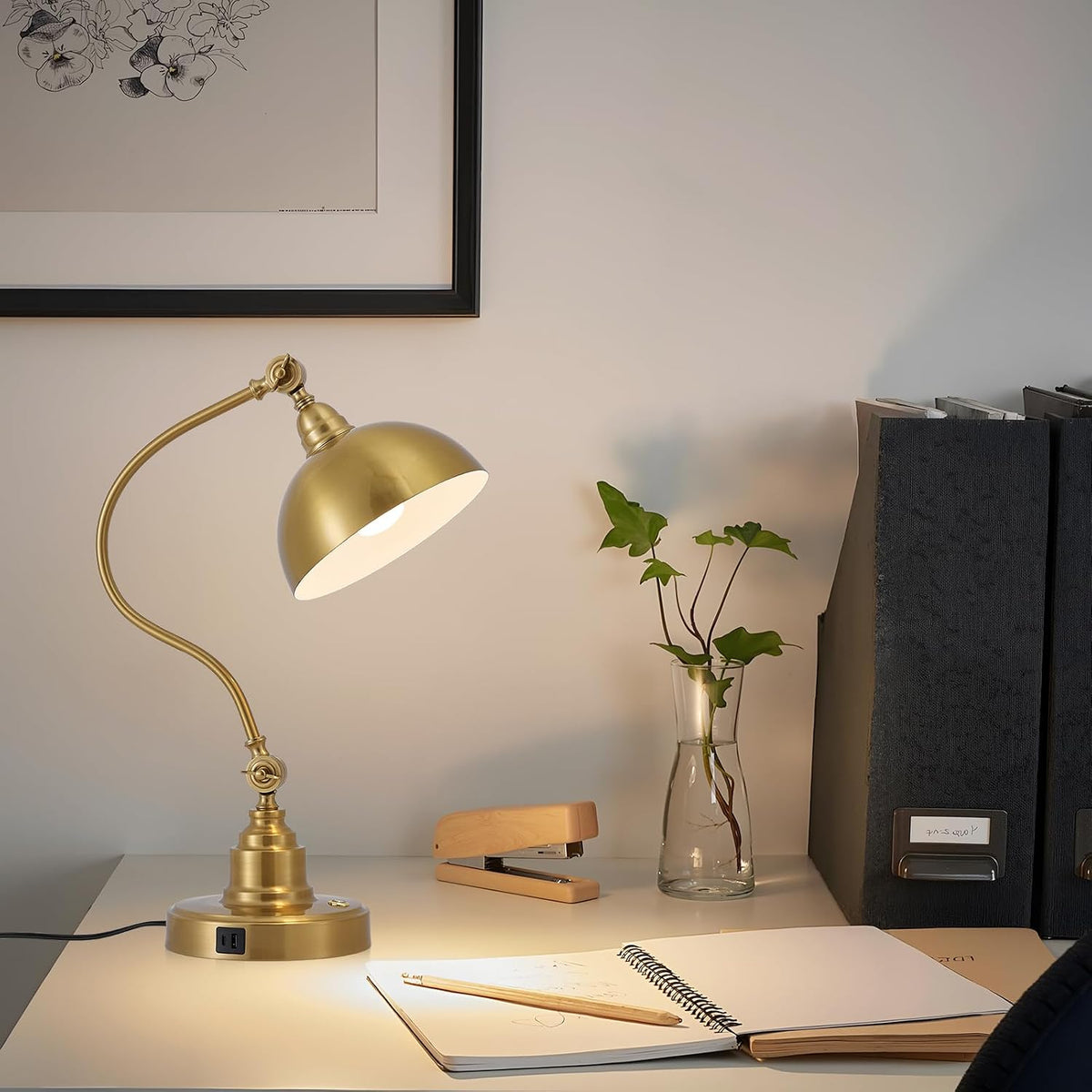 Fetason Dimmable Touch Control Gold Desk Lamp with Swing Arm Charging Port
