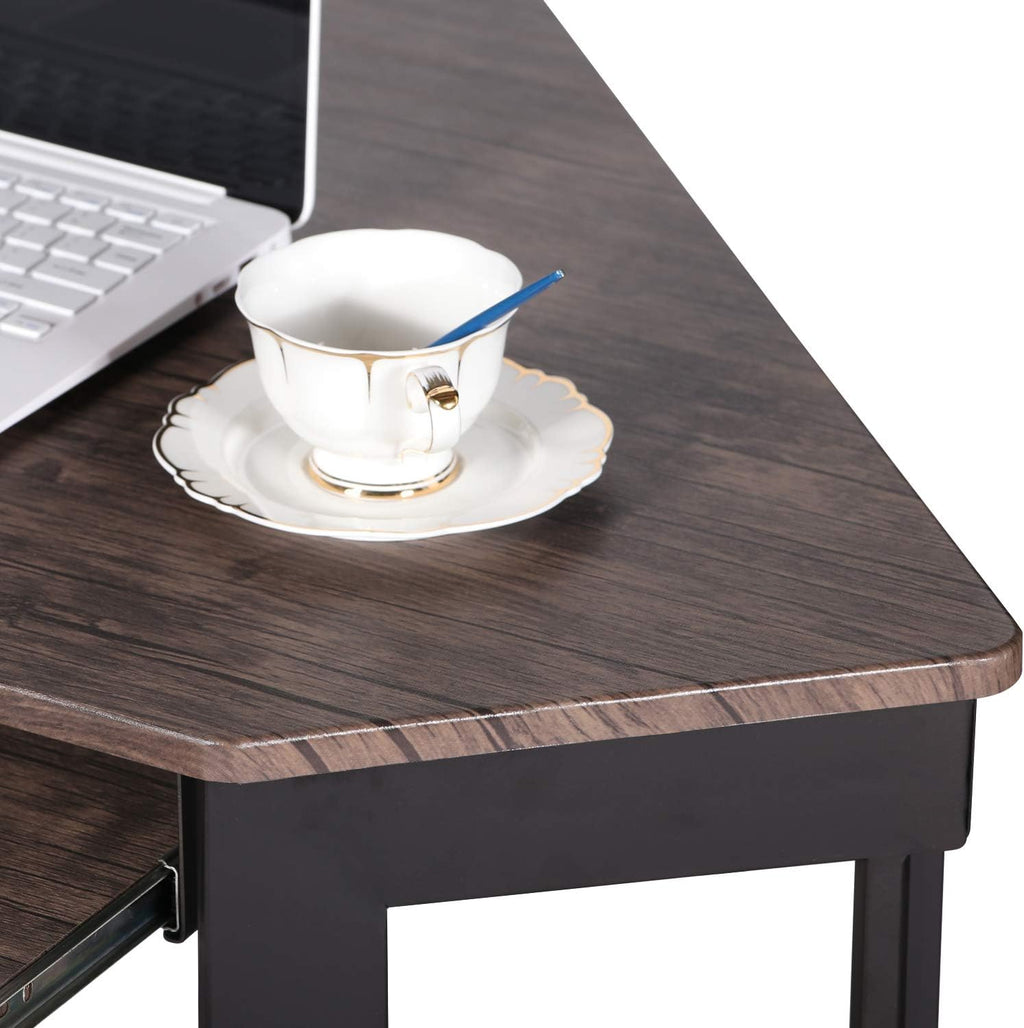 VECELO Corner Desk Computer Desk Writing Table with Smooth Keyboard Tray&Storage Shelves for Small Spaces/Compact Home Office Triangle Table,Brown