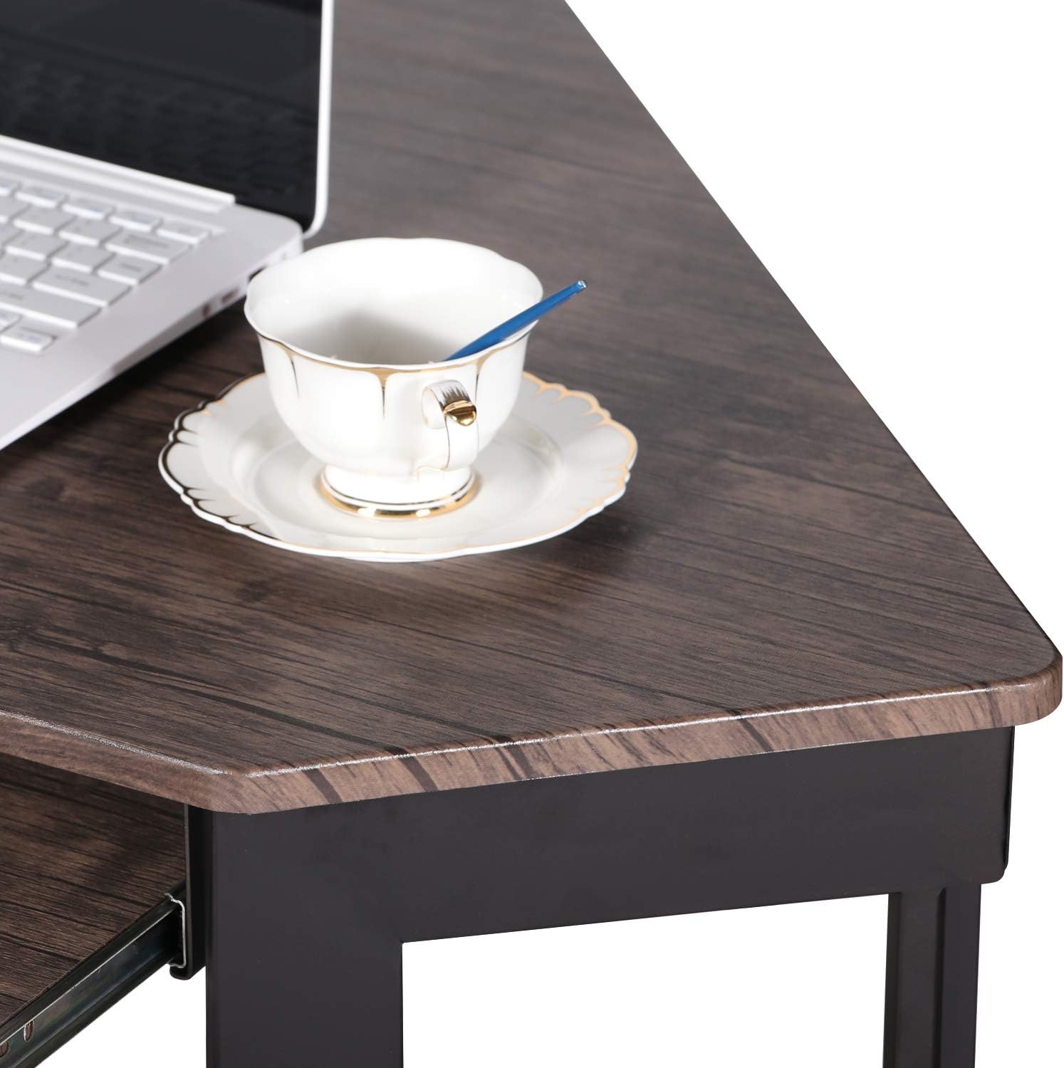 VECELO Corner Desk Computer Desk Writing Table with Smooth Keyboard Tray&Storage Shelves for Small Spaces/Compact Home Office Triangle Table,Brown