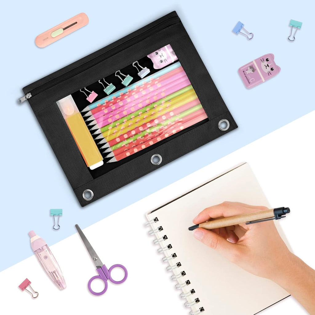 Sooez Pencil Pouch for 3 Ring Binder, 2 Pack Binder Pencil Pouch | Pencil Bags with Clear Window, Zipper & Reinforced Grommets, Pencil Case for Binder Black & Black