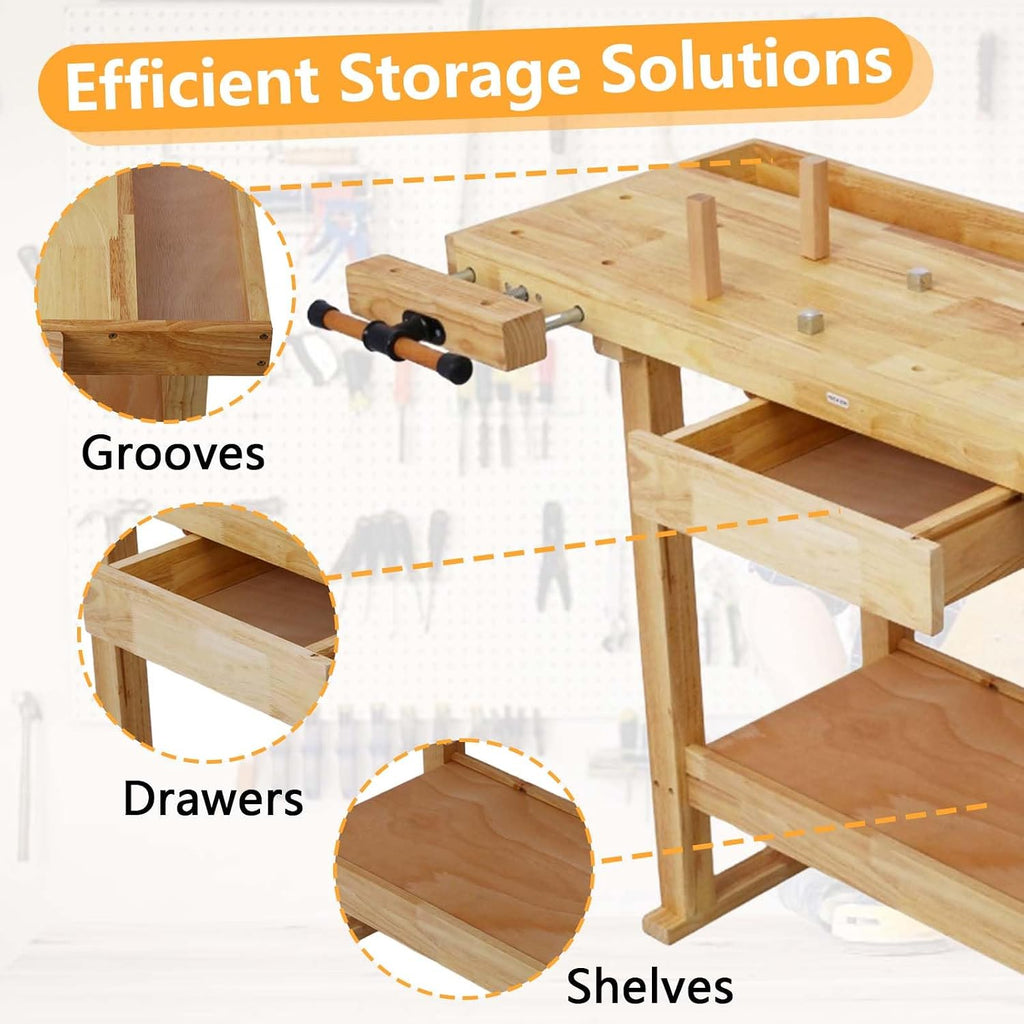 55" rubber wood workbench with drawer& shelf, 330 showing dimensions