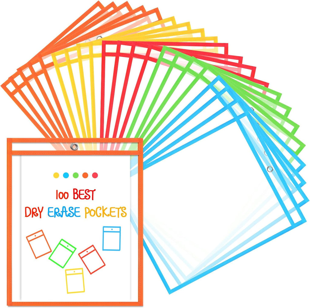100 Pcs Oversized Clear Dry Erase Pockets Sleeves Bulk 10 x 14 Inch Erasable Ticket Holder Waterproof Sheet Protector Reusable Plastic Sleeves Document Holder for Classroom School Organization
