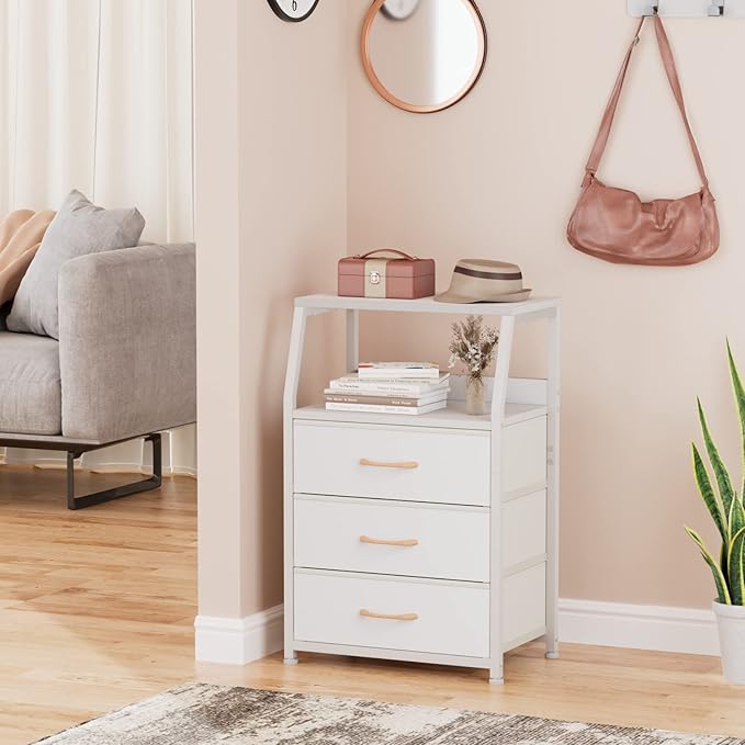 Furnulem White Nightstand with 3 Drawers and 2-Tier Shelf, Small Night Stand - Image 2