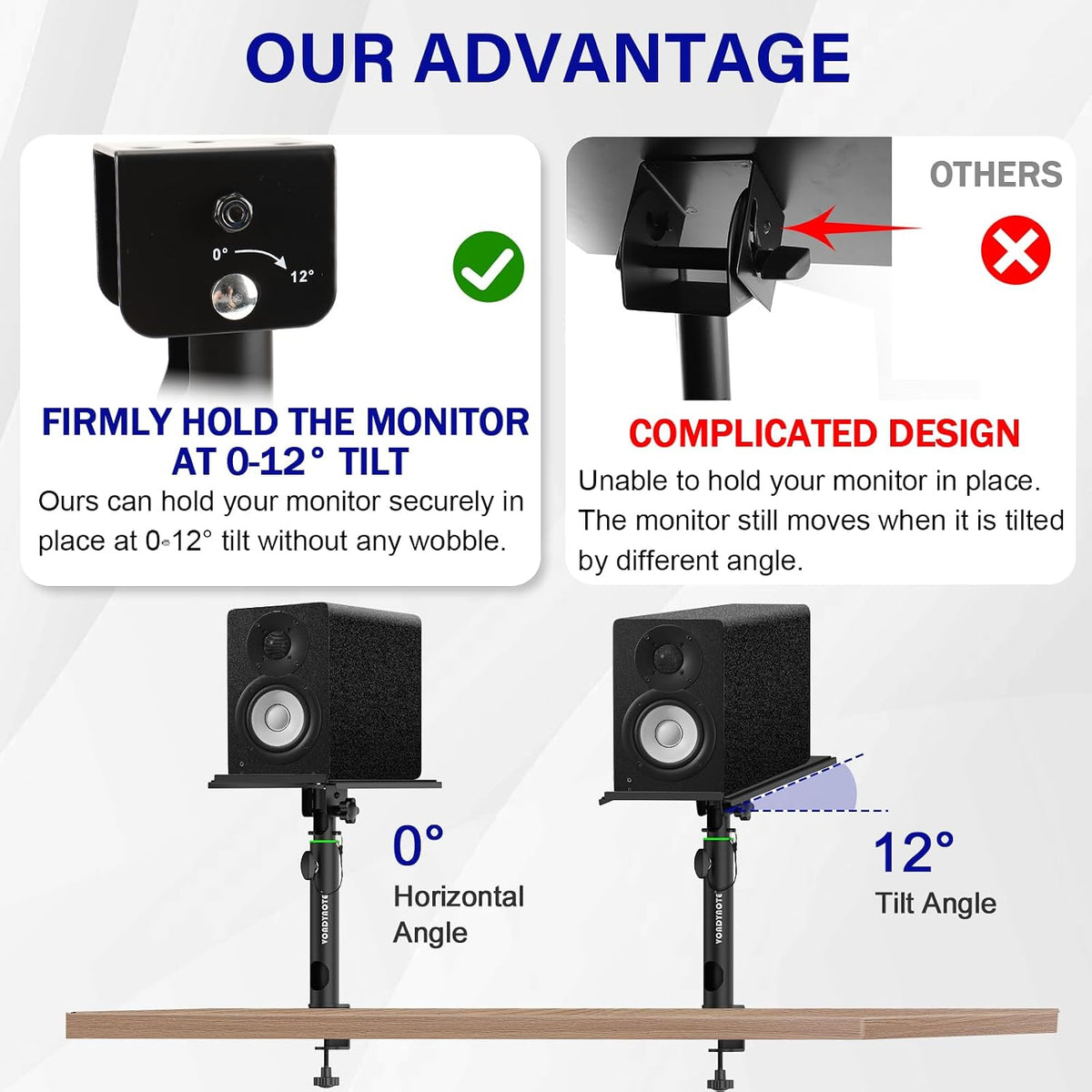 Vondynote Pair of Desktop Clamp Speaker Stands 12°Tilt, Cable Management