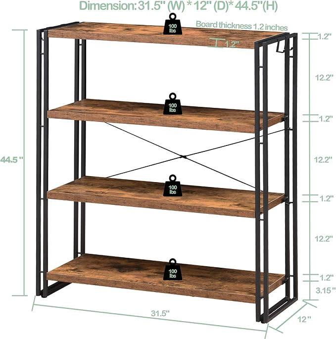 HCHQHS Bookshelf, 4-Tier Industrial Bookcase, Rustic Open Book Shelf, - Image 3
