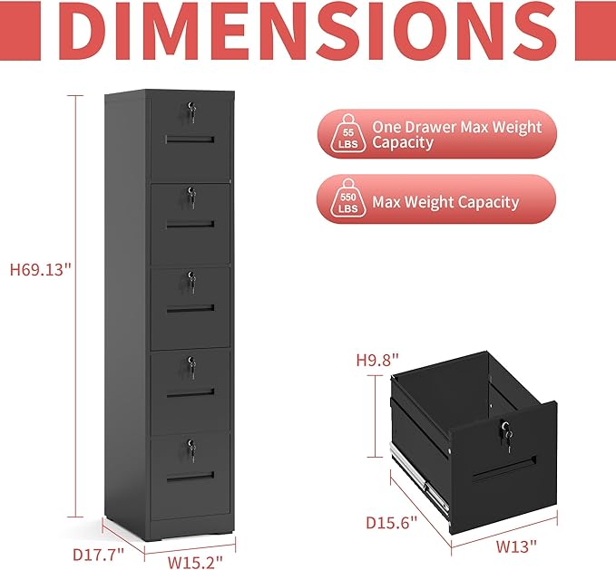 OPTYMIRA 5 Drawer Metal File Cabinet - Image 3