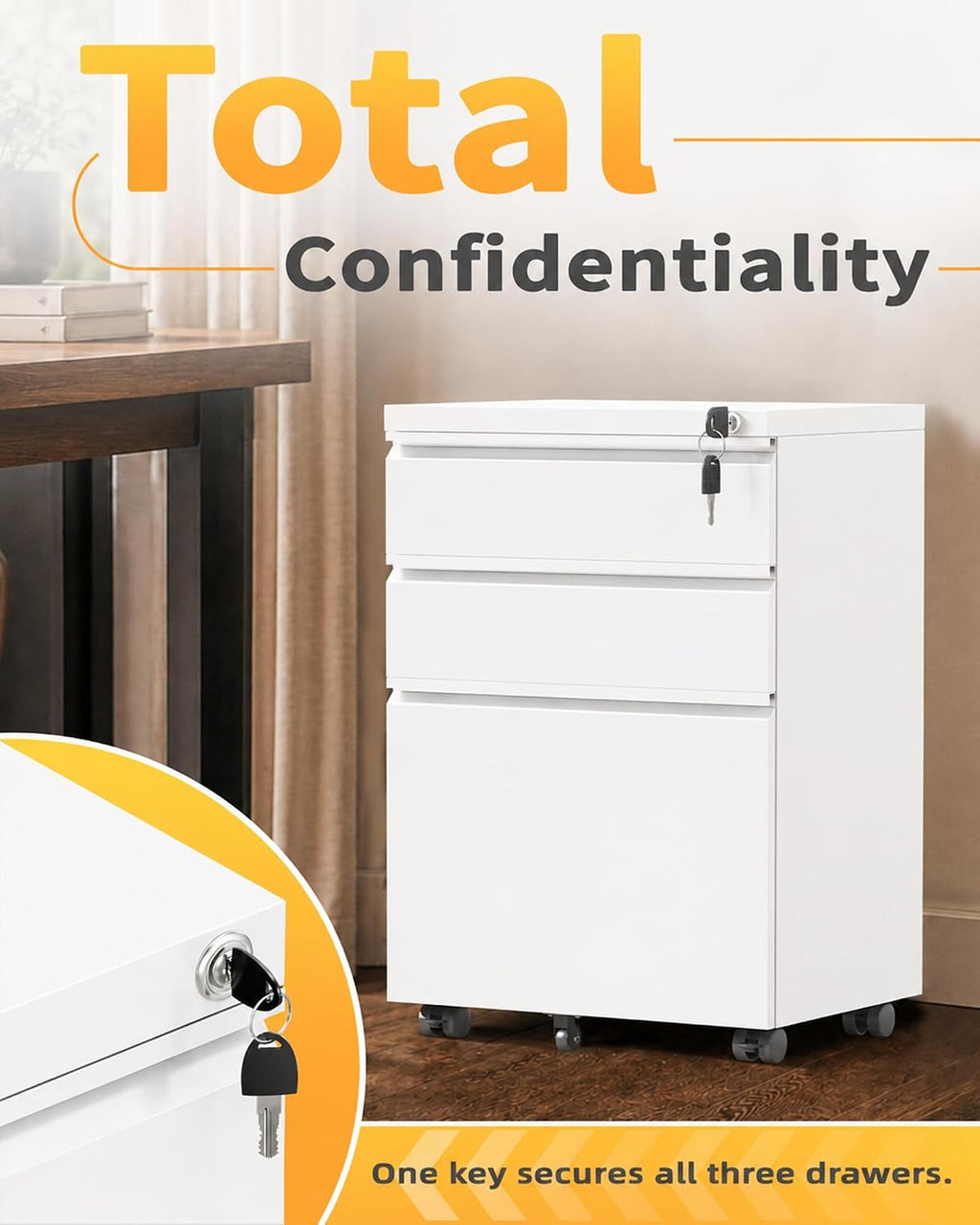 fully assembled 3-drawer mobile file cabinet with lock, package contents