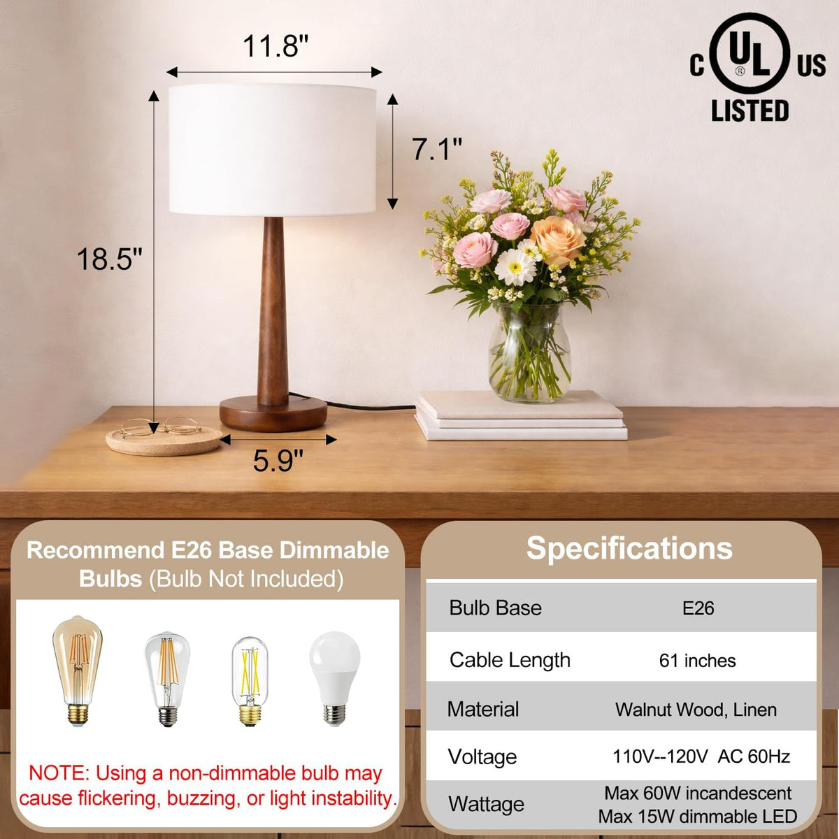 18.5" Modern Dimmable Walnut Wood Table Lamp with Linen Shade, White