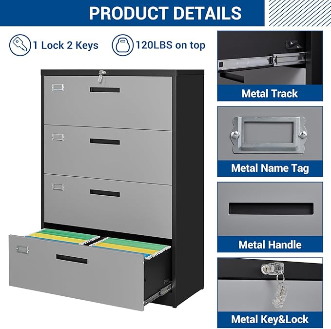 Fesbos Metal Steel 4 Drawer Lateral File Cabinet - Image 6