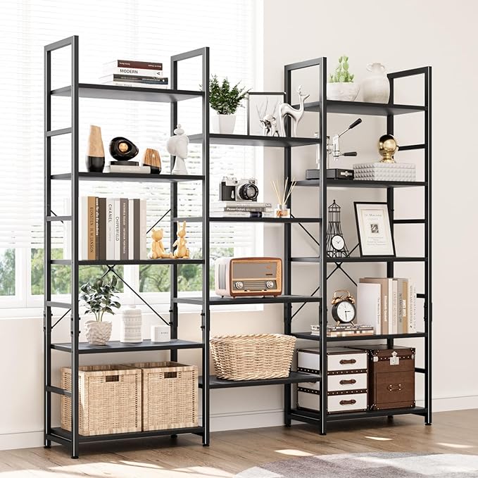 NUMENN Triple Wide 5 Tier Bookshelf, Rustic Industrial Style Bookcases and - Image 2