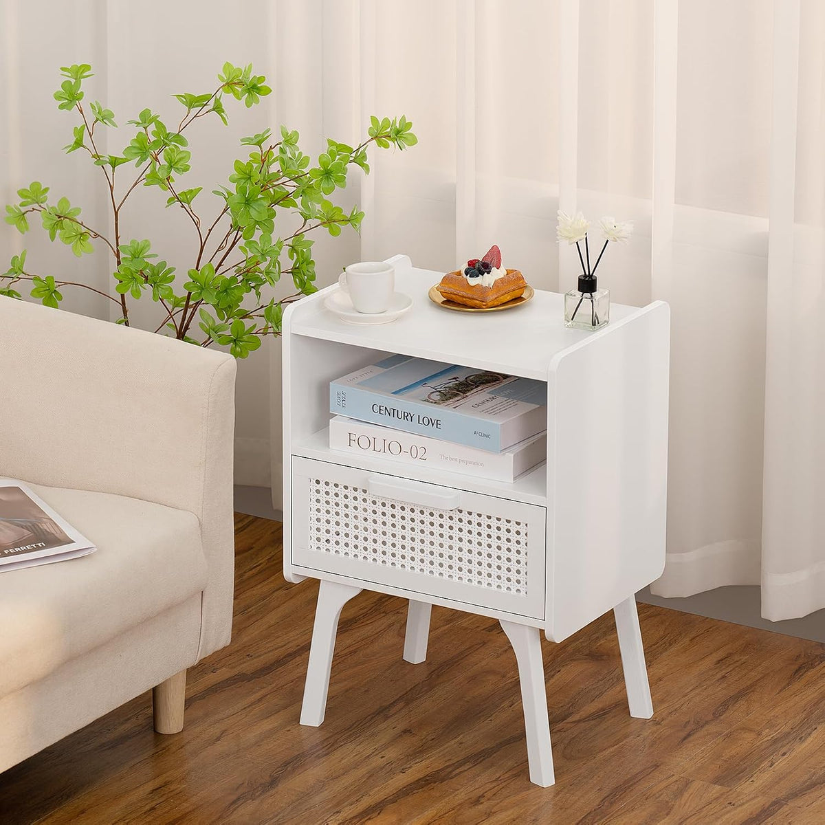 Lerliuo Rattan Nightstand, Side Table with Drawer Open Shelf