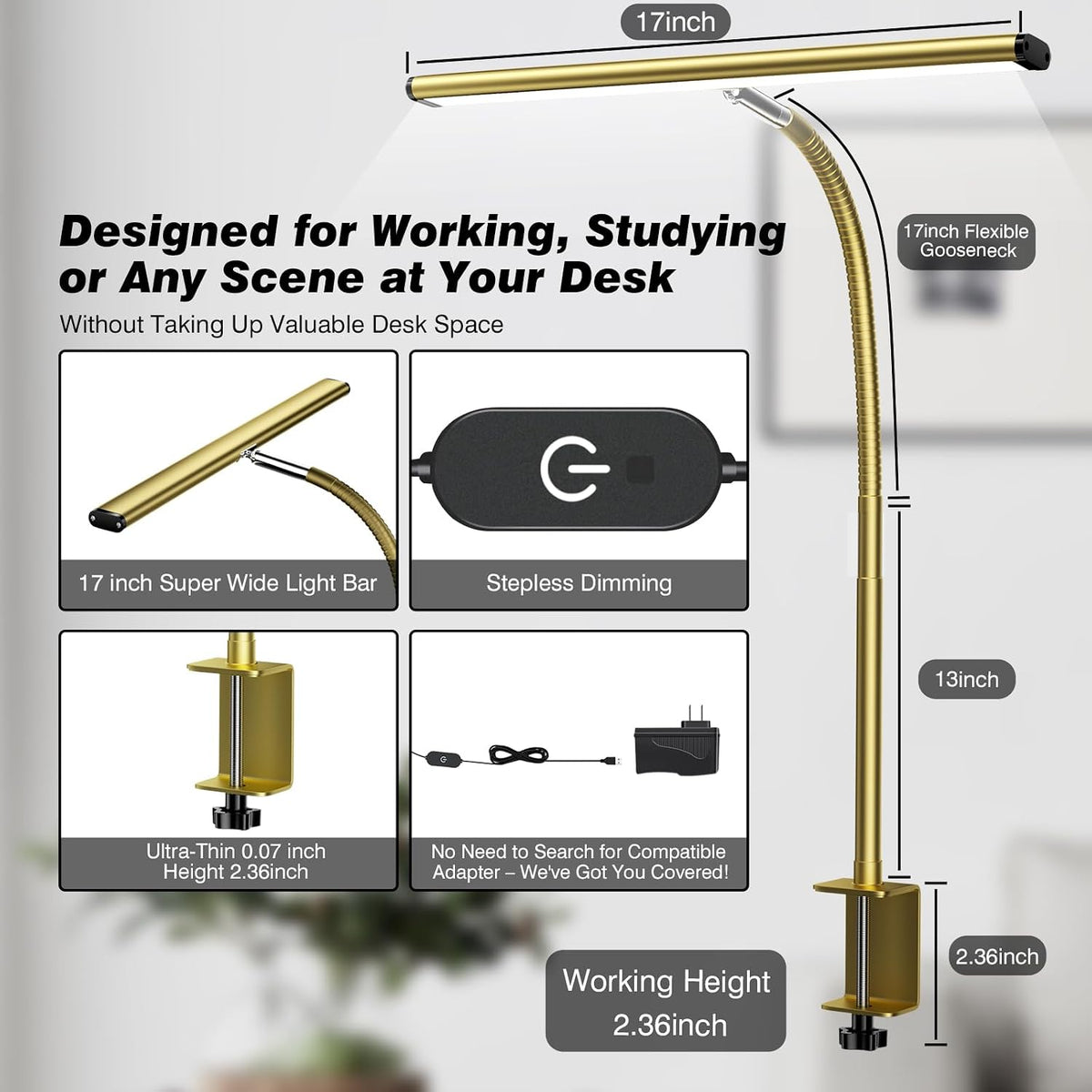 airlonv led desk lamp with clamp, 17" stepless, close-up detail