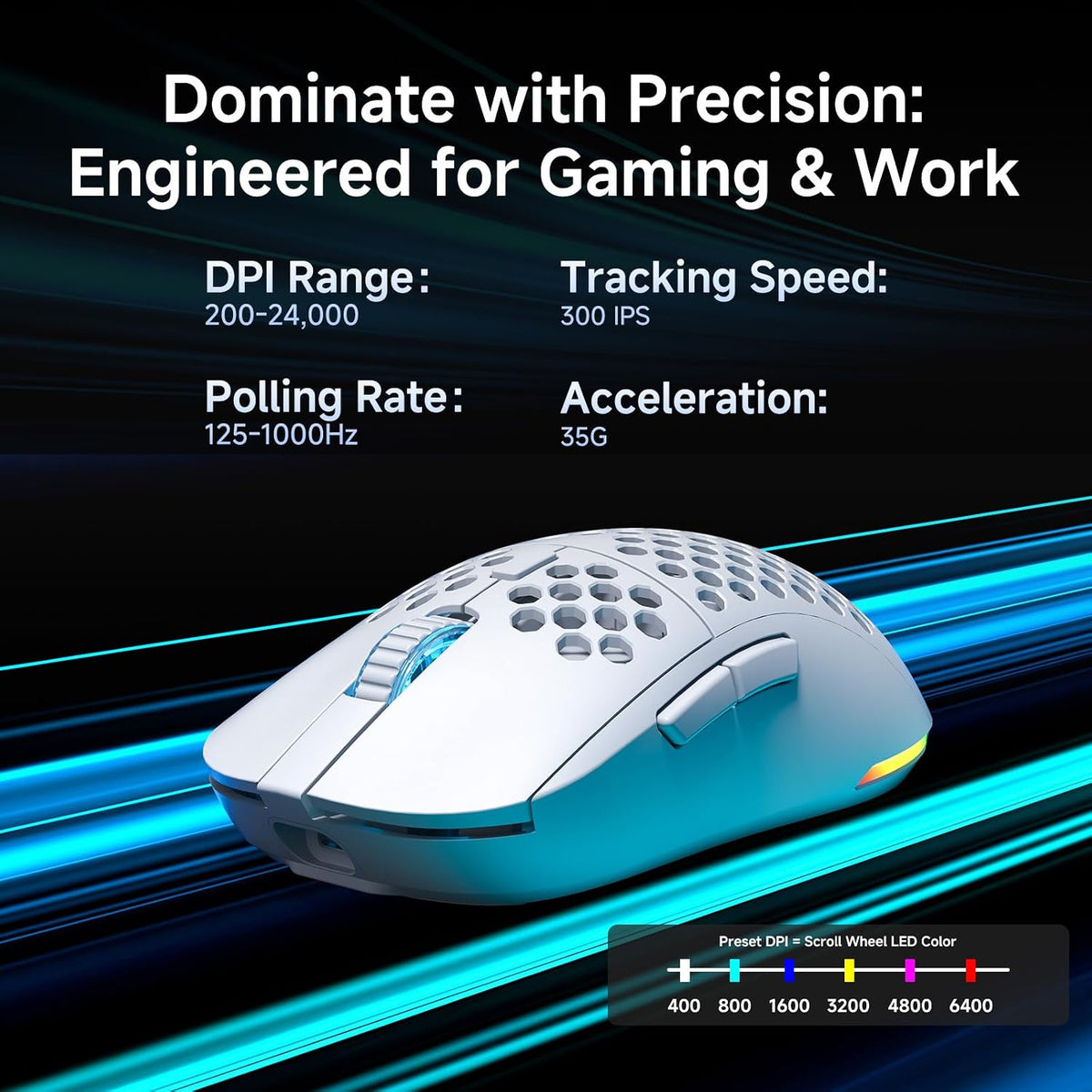 DIERYA M1 Wireless Gaming Mouse, 24000DPI, 180Hrs Battery, 16.8M RGB, 6 Progr...