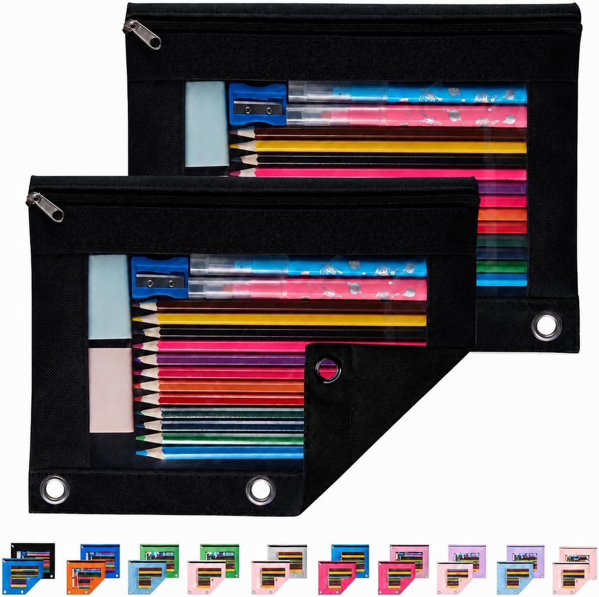 Sooez Pencil Pouch for 3 Ring Binder, 2 Pack Binder Pencil Pouch | Pencil Bags with Clear Window, Zipper & Reinforced Grommets, Pencil Case for Binder Black & Black