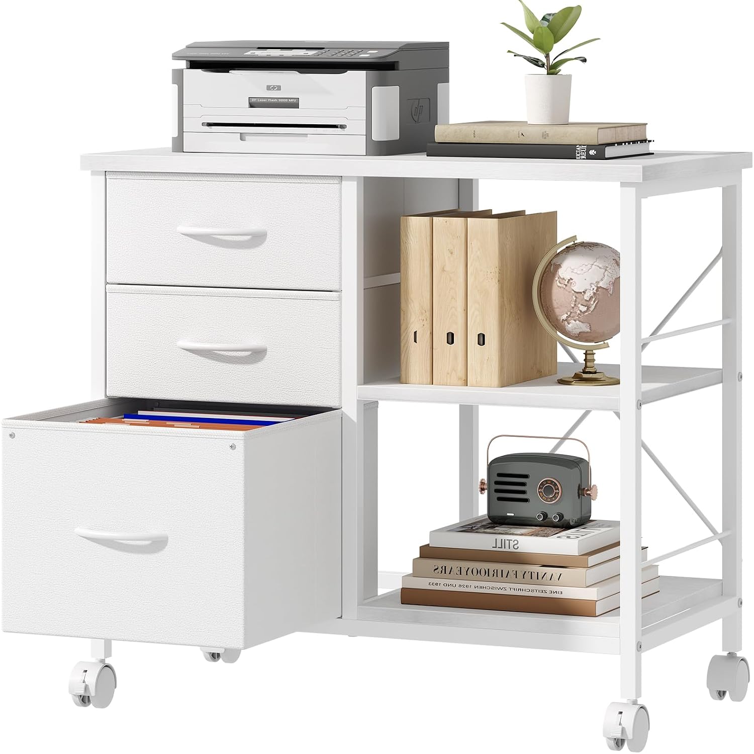 DUMOS 3 Drawer Mobile File Cabinet, Space Saving Rolling Printer Stand | Freestanding Fabric Lateral Filing Cabinet Fits A4/Letter Size, Printer Cart with Open Storage Shelf for Home Office, White