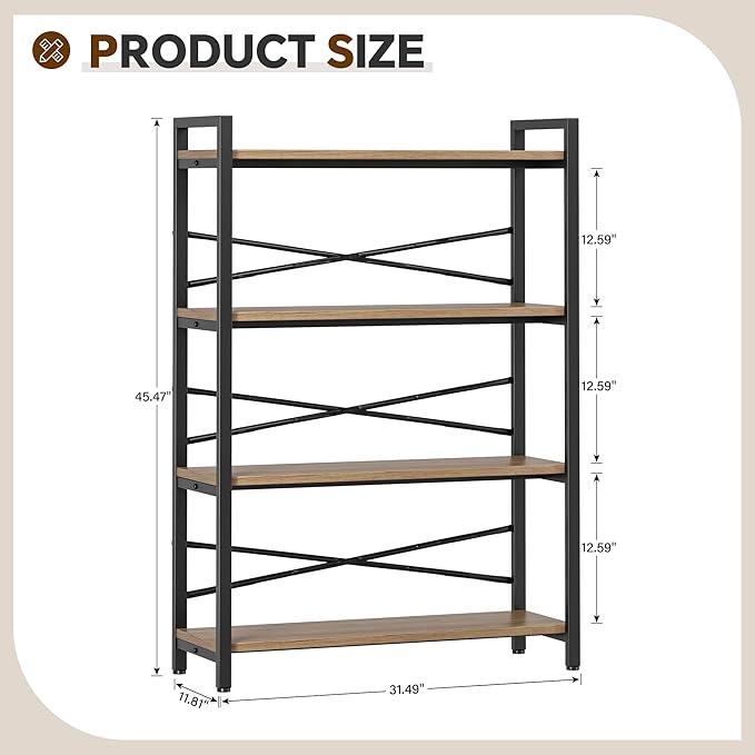 4 Tier Bookshelf 31.49" Width, Tall Book Shelf Storage and Organization - Image 3