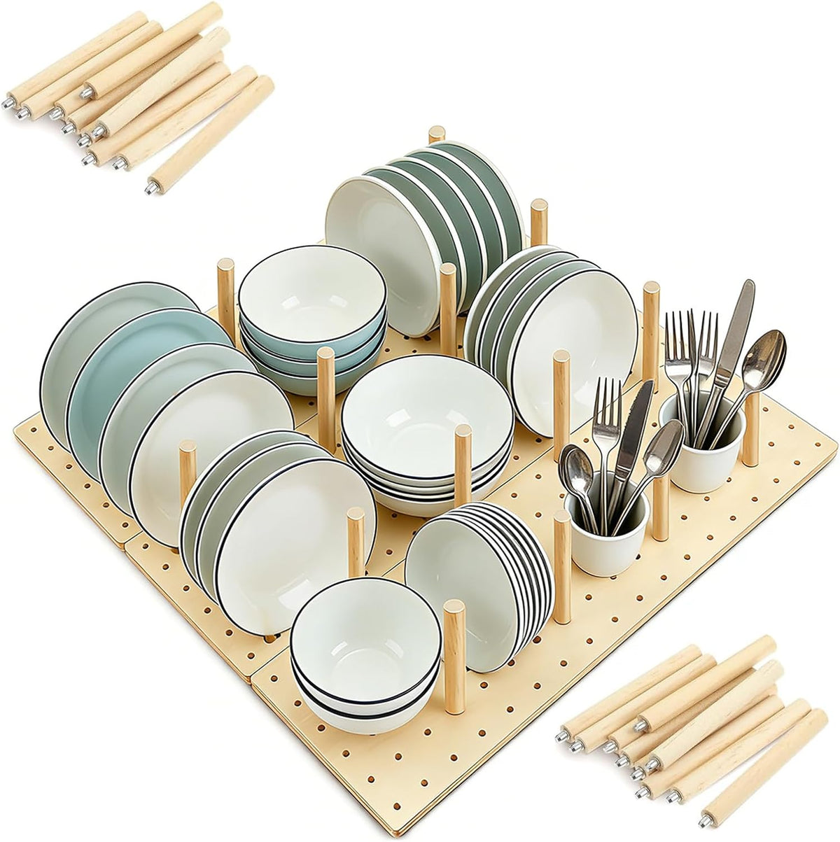 Wooden Pegboard Drawer Organizer for Kitchen - 3 Pack Adjustable Drawer Organ...