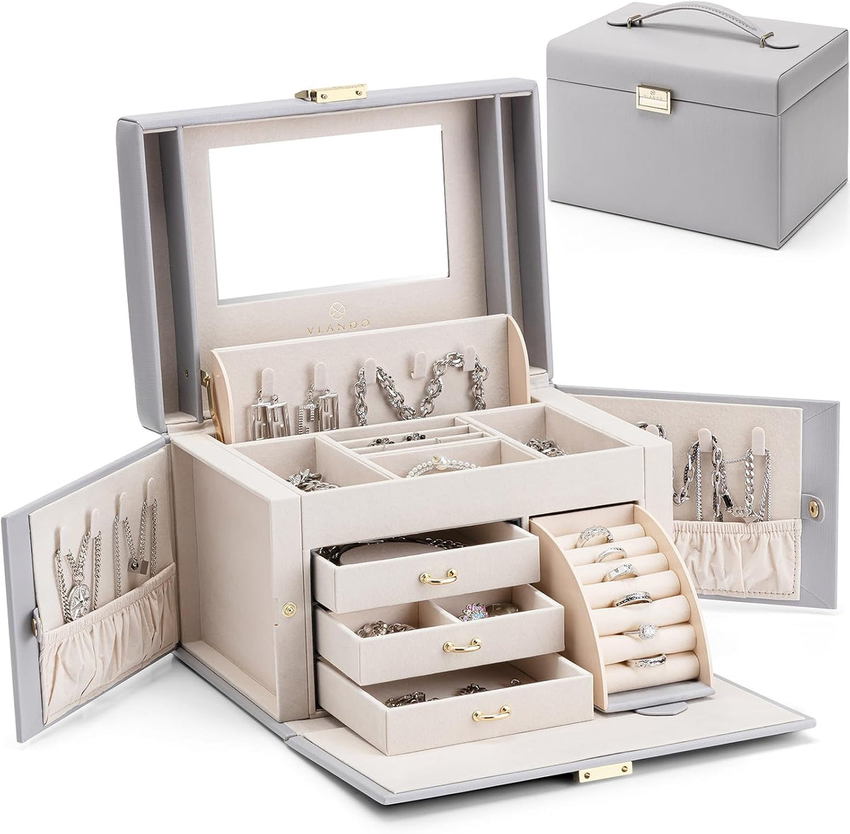VLANDO Jewelry Storage with Mirror and 3 Drawers,Gray