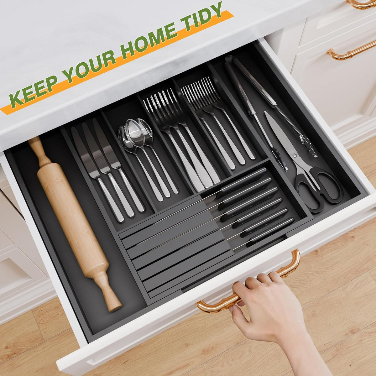 Bamboo Kitchen Silverware Drawer Organizer - Expandable Wood Utensil Holder w...