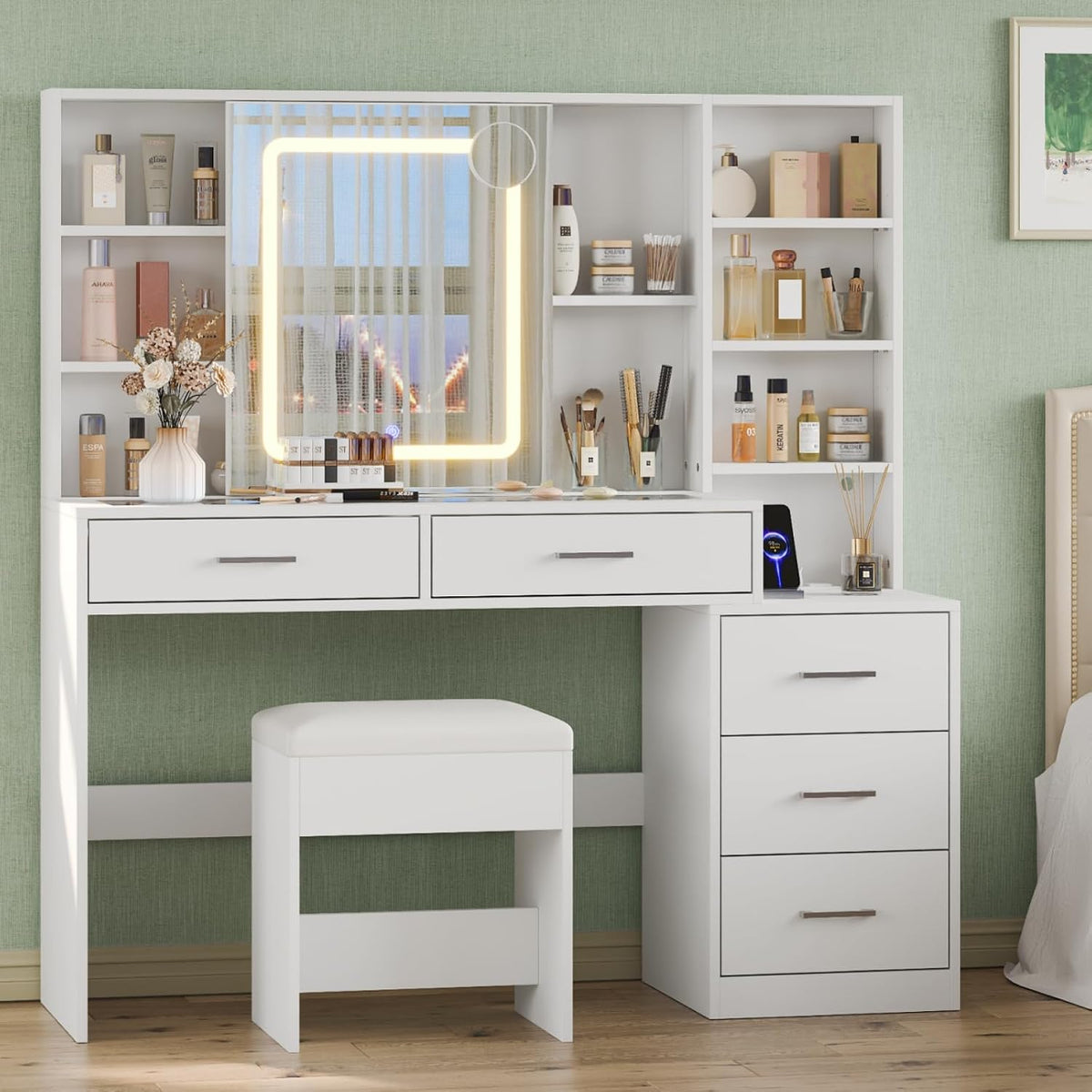 Yanosaku 51" Makeup Vanity with Sliding Mirror and Lights, Vanity with C...