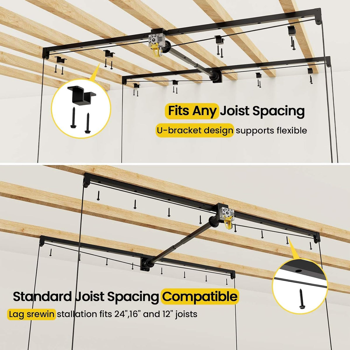 fero overhead garage storage rack 4x8, 500 lb showing dimensions