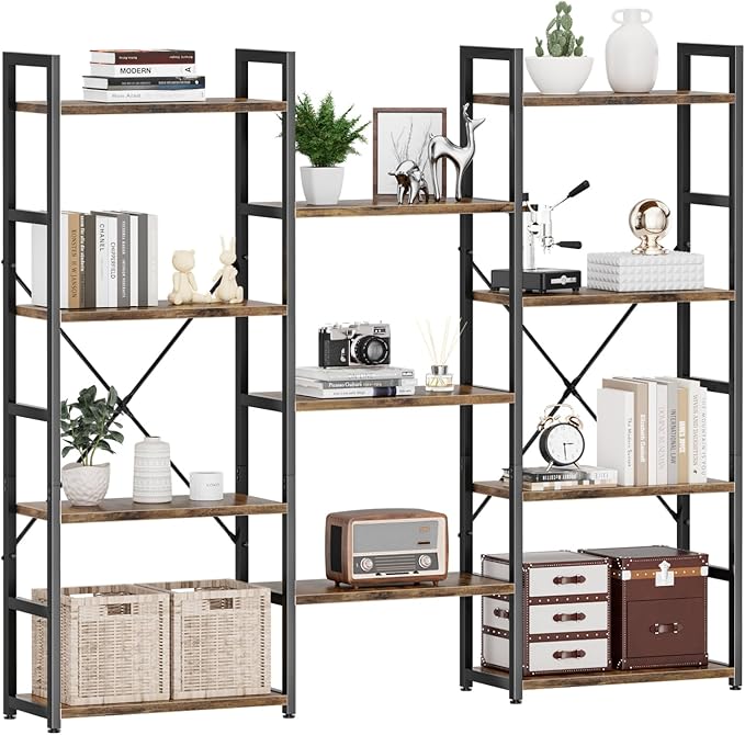 NUMENN Triple Wide 4 Tier Bookshelf, Adjustable Rustic Industrial Style by NUMENN