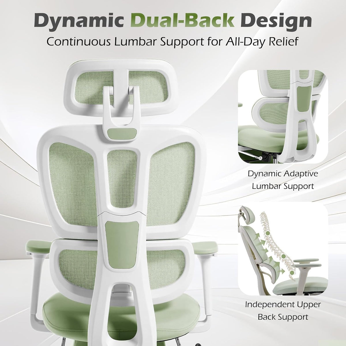 Ergonomic Office Chair with Footrest and Dynamic Lumbar Support, Green