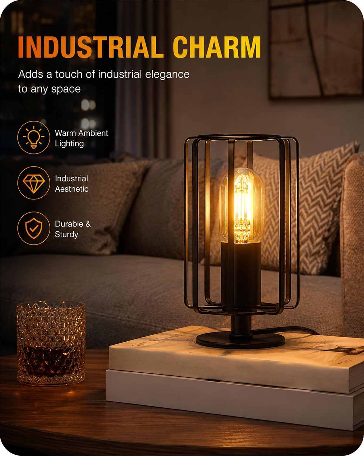 Industrial Table Lamp Set of 2, Small Bedside Lamp with Dimmable 2400K Warm L...