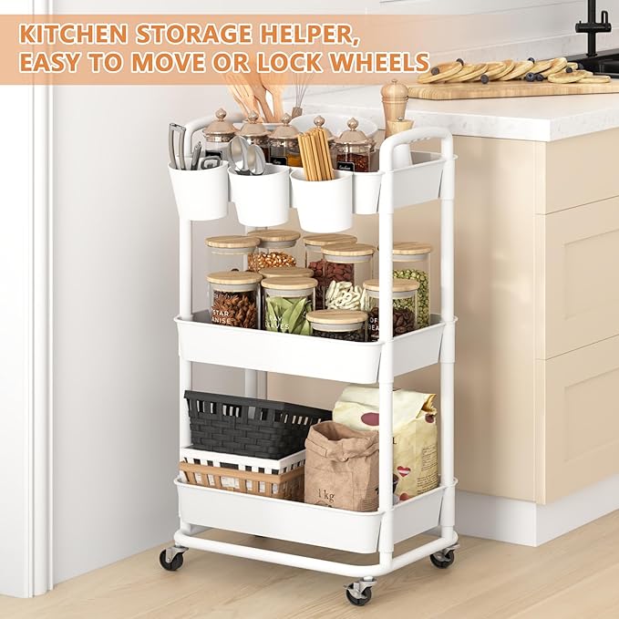 JIUYOTREE 3-Tier Plastic Rolling Storage Cart Utility Cart - Image 3