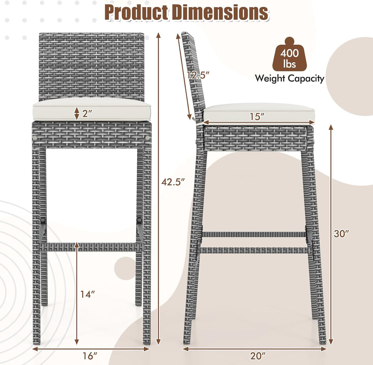 Tangkula Set of 2 Patio Wicker Barstools, Outdoor Bar Height Chair w/Soft Sea...
