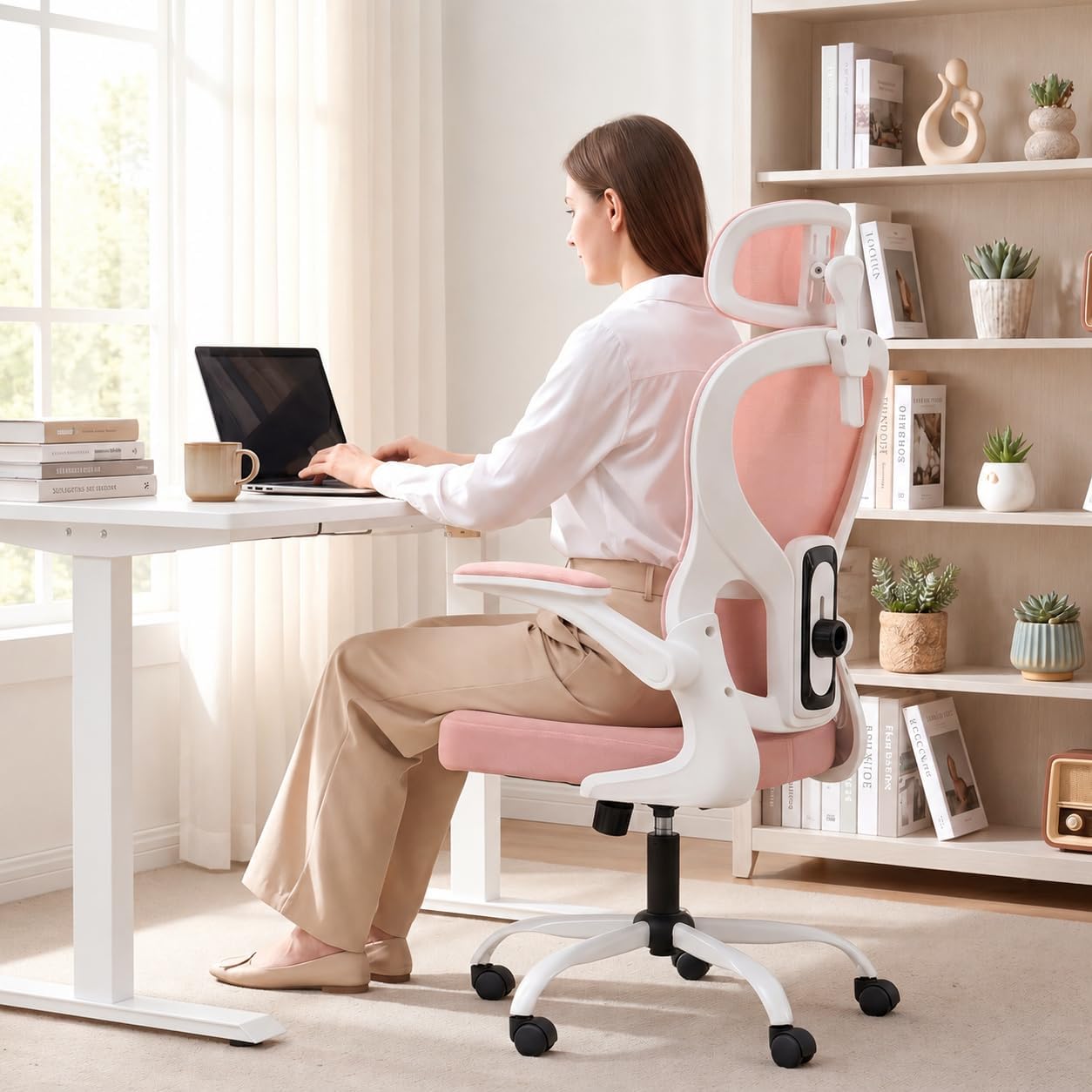 Ergonomic Office Chair with Adjustable Headrest & Lumbar Support, High Back Mesh Desk Chair, 400 LBS Capacity Swivel Computer Chair with Flip-Up Arms, Home Office Gaming Chair (Pink)