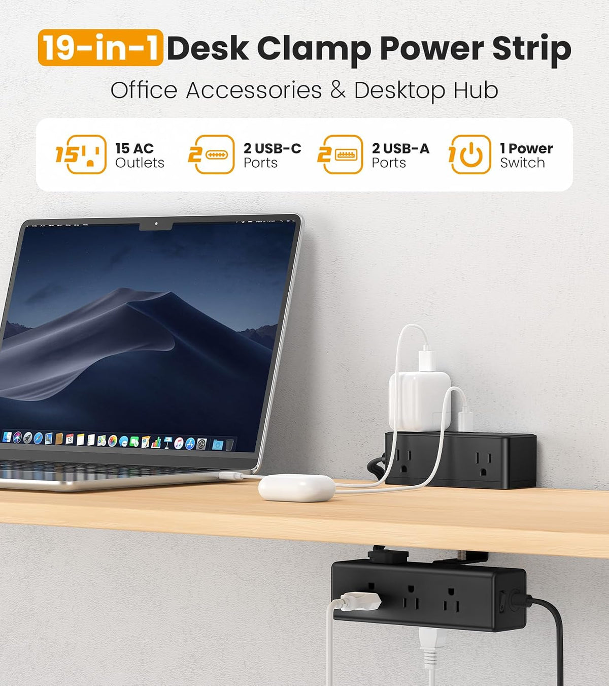 VILONG Dual Layer Desk Clamp Power Strip, 13 Outlets, 45W USB-C, 5FT Cord