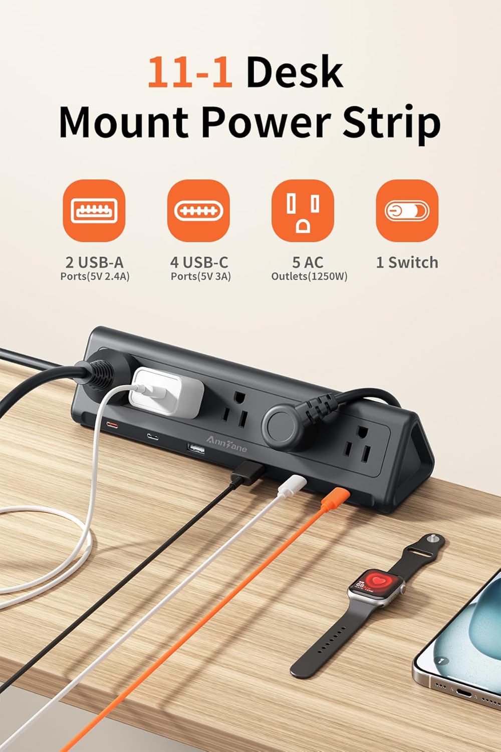 AnnTane Desk Clamp Power Strip USBC, 40W Fast Charging, 6.5 Ft, Black