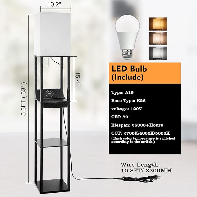 Floor Lamp with Shelves, RUNTOP LED Shelf Floor Lamp with Wireless Charger & 2 - Image 5