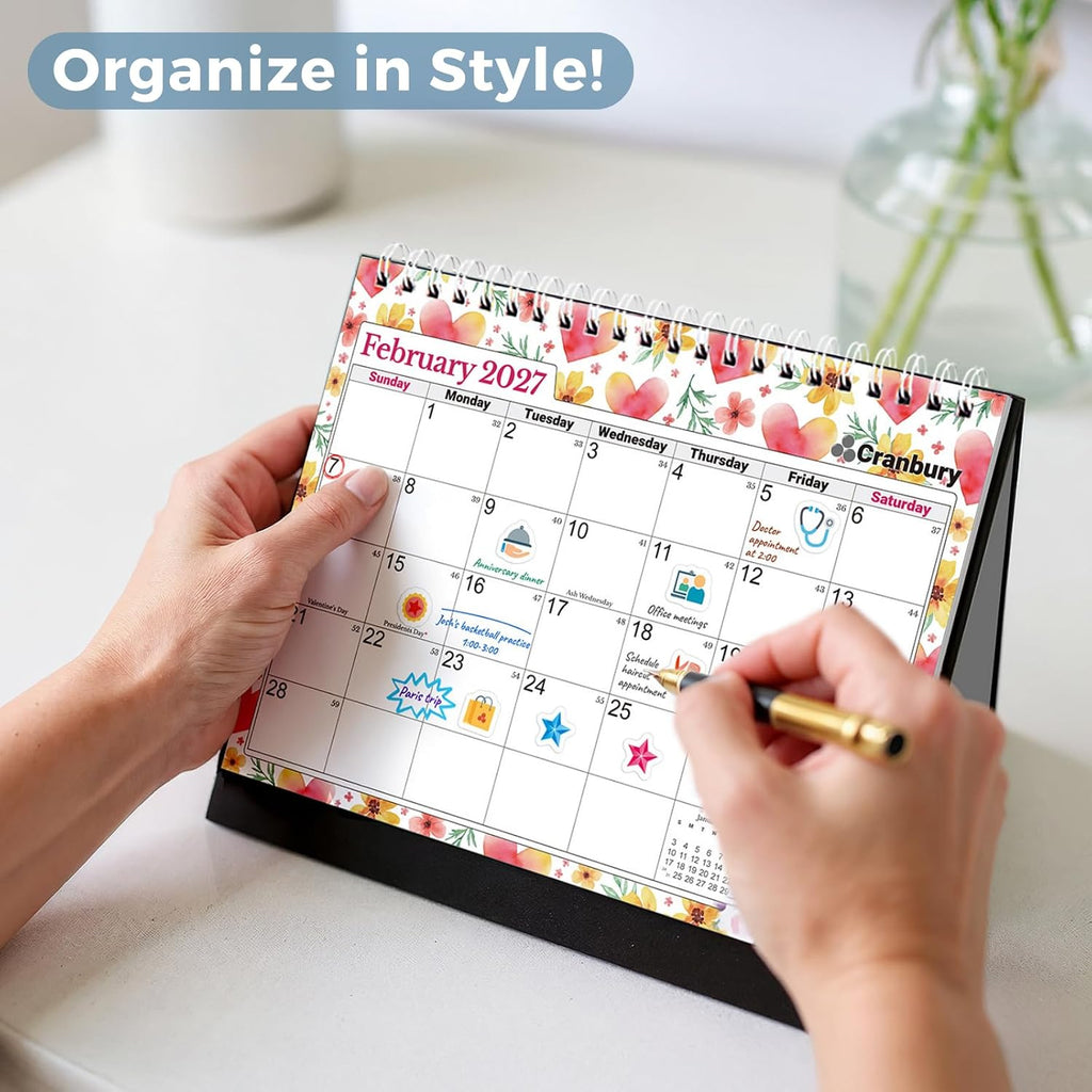 CRANBURY 2026-2027 Small Desk Calendar 8x6, Standing Flip Calendar | Compact 8x6 desktop calendar features monthly layouts with large writing blocks for schedules and reminders.