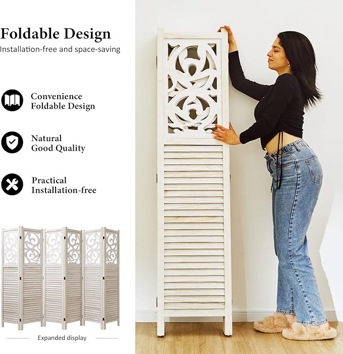 Room Divider Wood Carved Wall Divider Indoor Folding Portable Partition Screen - Image 4