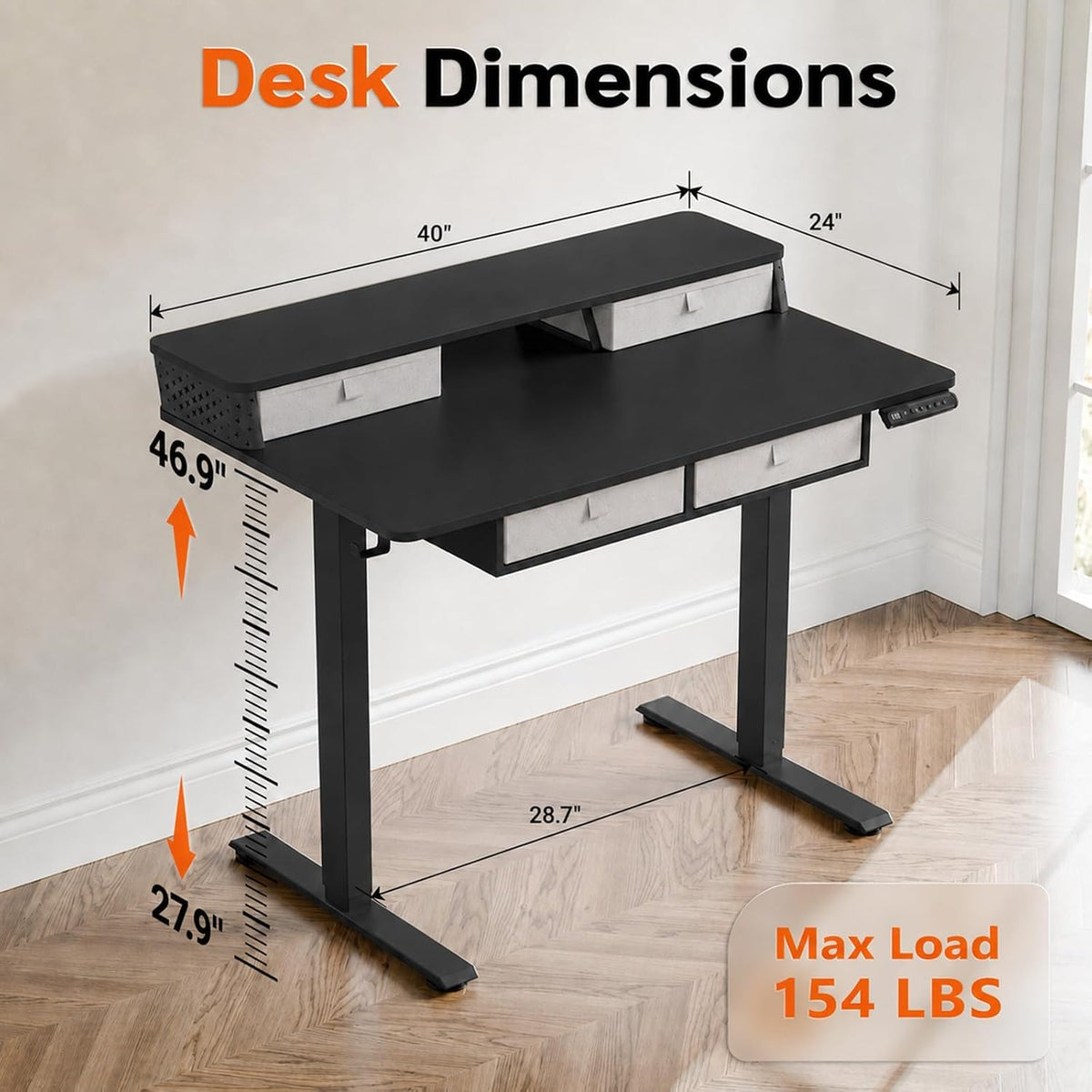 Kingant 40x24 Inch Electric Standing Desk with 4 Drawers, Black