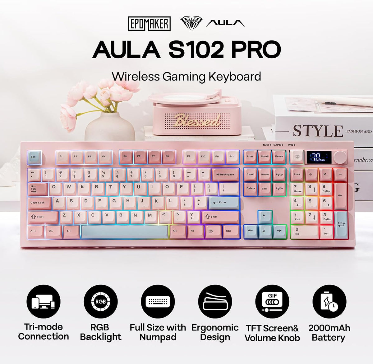 EPOMAKER Aula S102 PRO Membrane Gaming Keyboard w/TFT Screen & Volume Knob