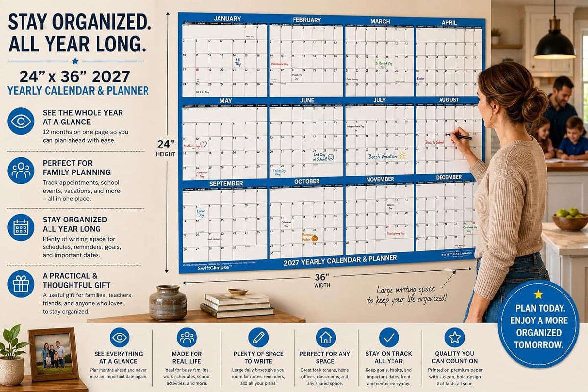 24" x 36" SwiftGlimpse 2027 Wall Calendar Erasable Large Wet & ...