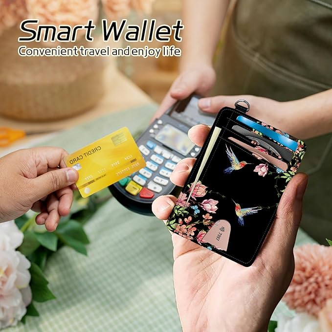 BWEGRHE Small Travel Wallets, Hummingbird Floral Sakura Slim Minimalist Front - Image 4