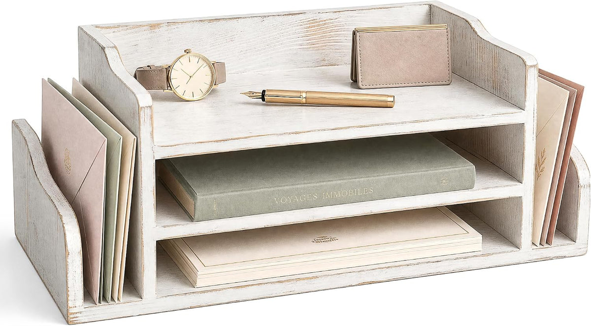 Wood Desk Organizer: File Organizer for Office Desk & Classroom, Whitewash