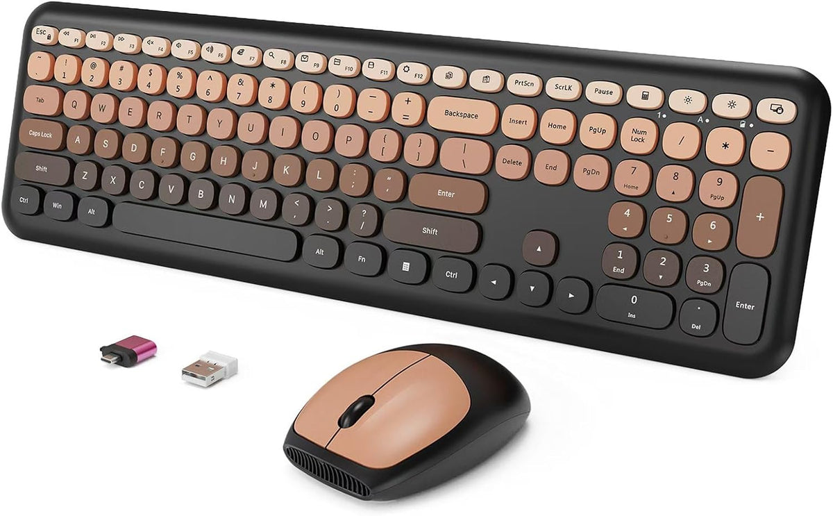 Wireless Keyboard and Mouse Combo, Colorful Ergonomic Full Size Retro Low-Noi...