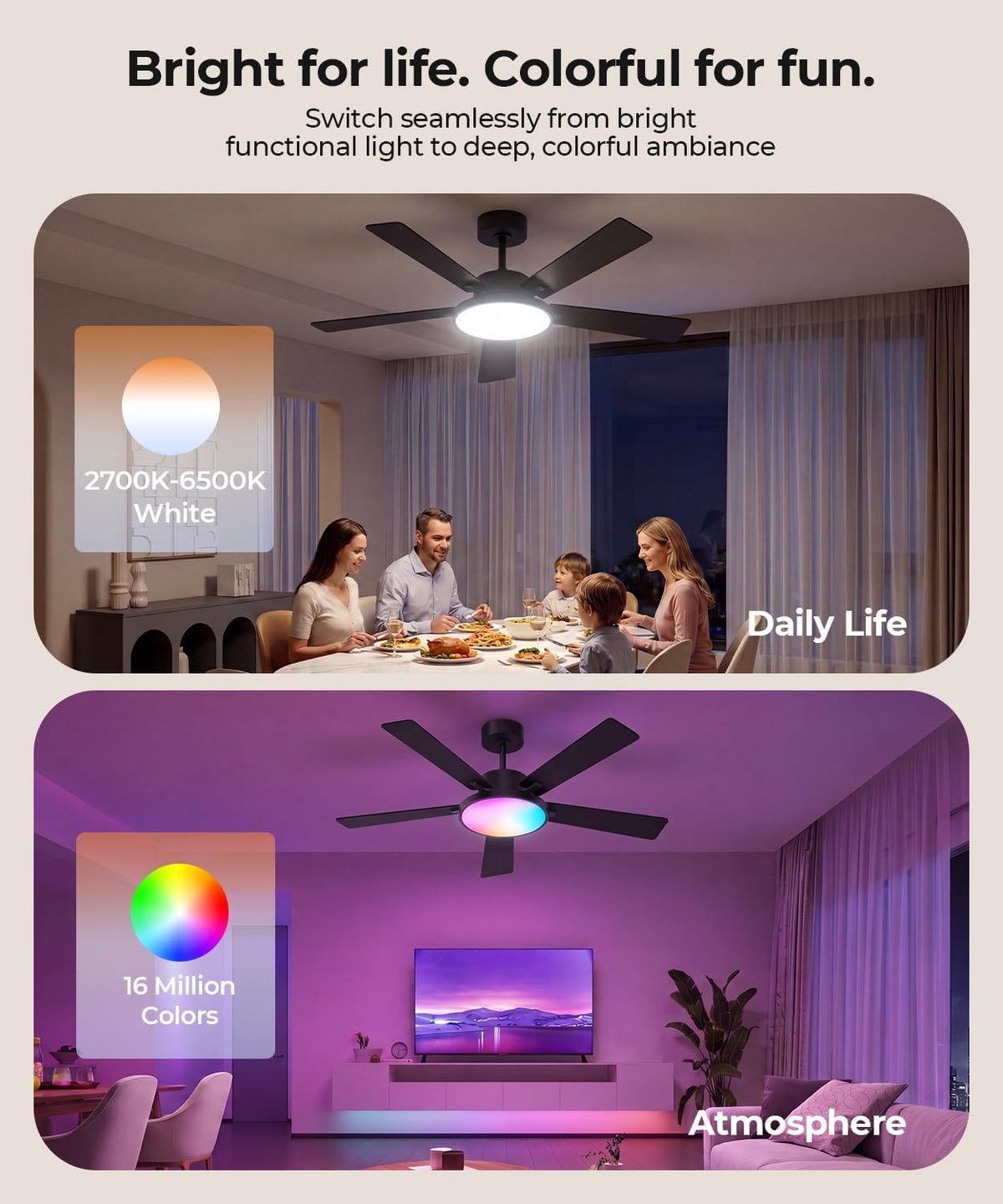 rgbcw smart 52" 2600lm led ceiling fan light showing dimensions