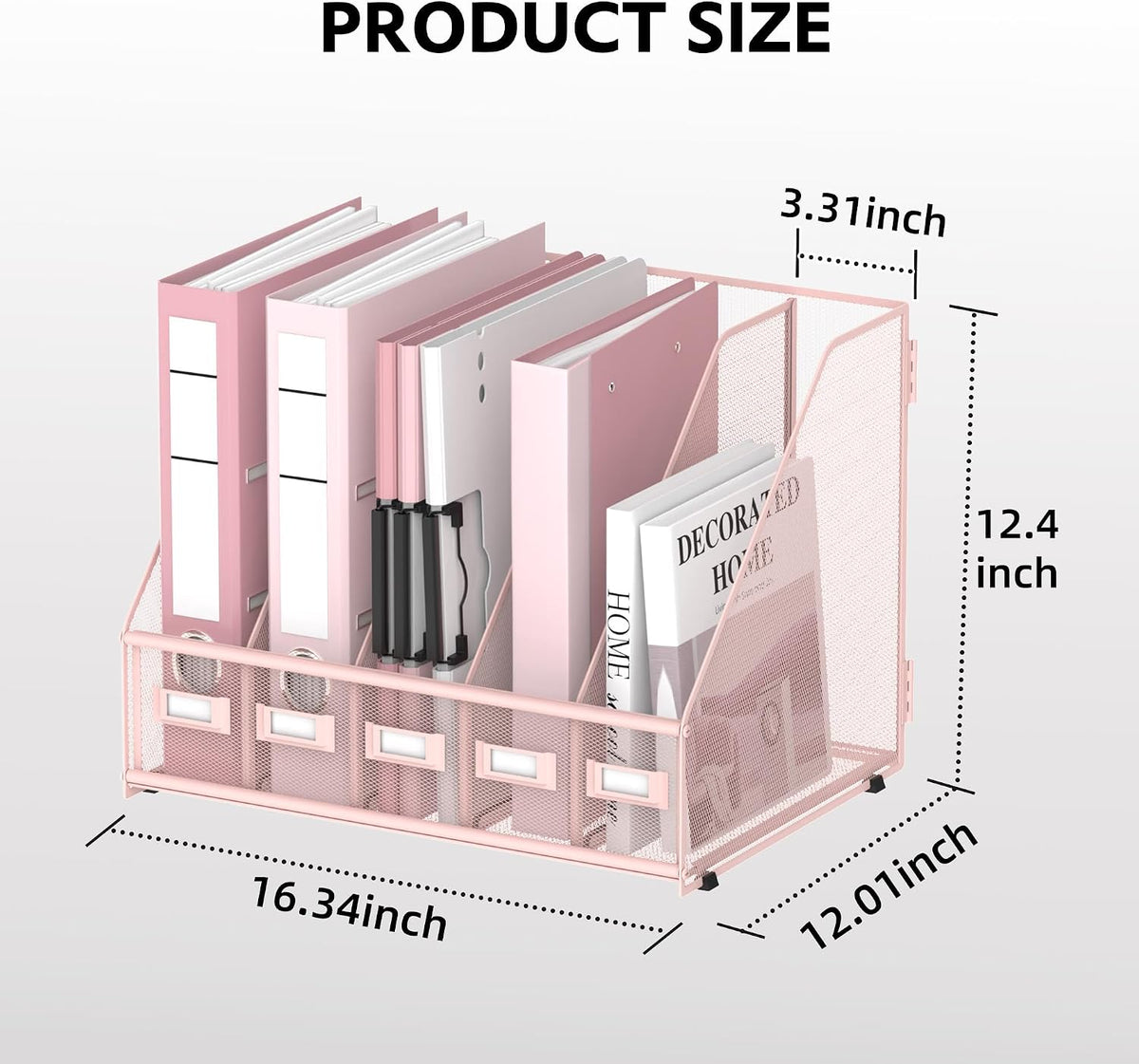 5 Vertical Compartments Magazine File Holder, Metal Binder Organizer, Pink