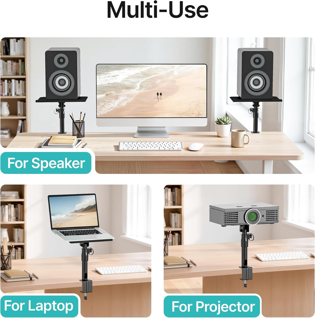 PEGZONE Clamp-on Speaker Stand Pair Heavy-Duty Desktop Speaker Mount Black