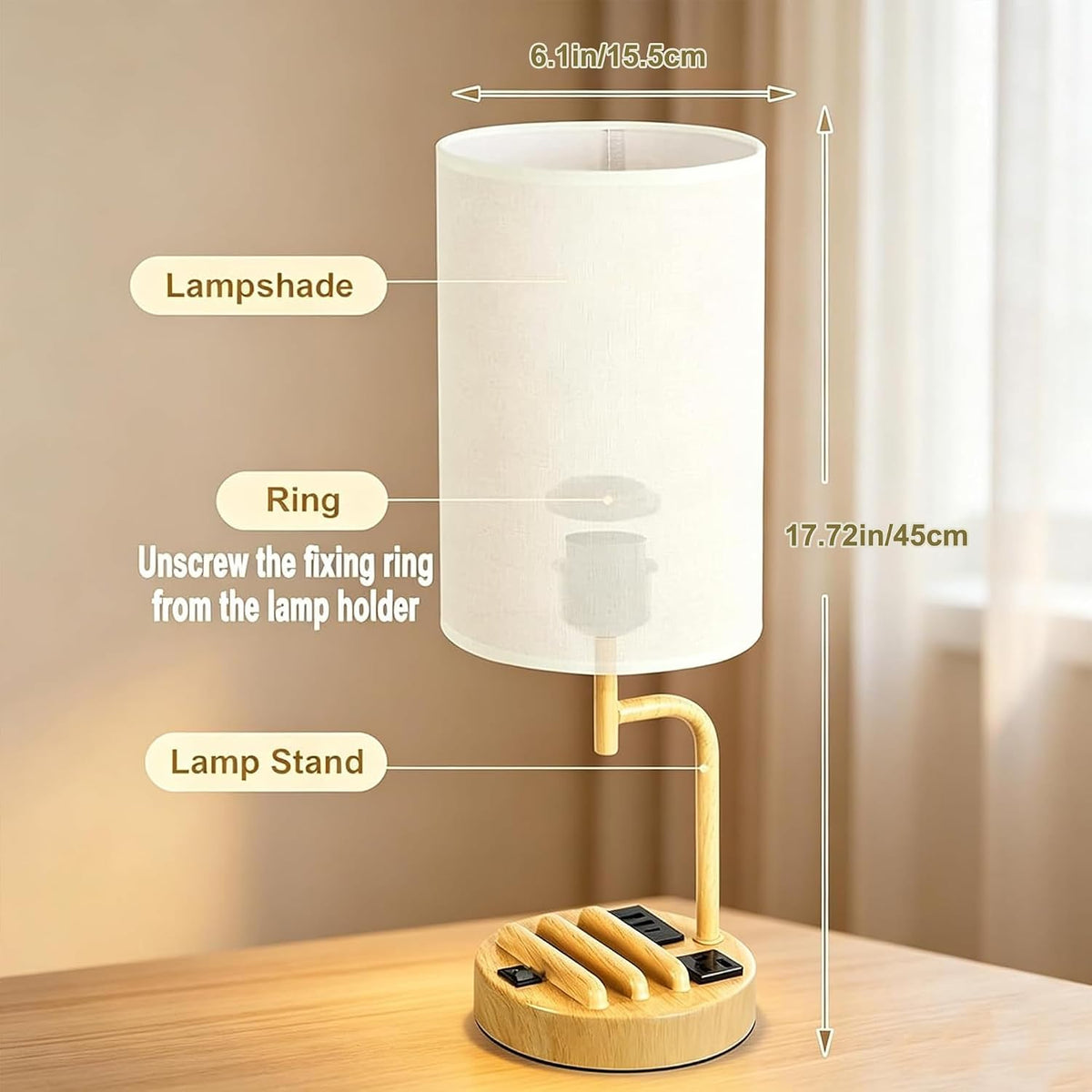 Dreamholder 2 Pack Table Lamp, Bedside Lamp with 3 USB Charging Ports & A...