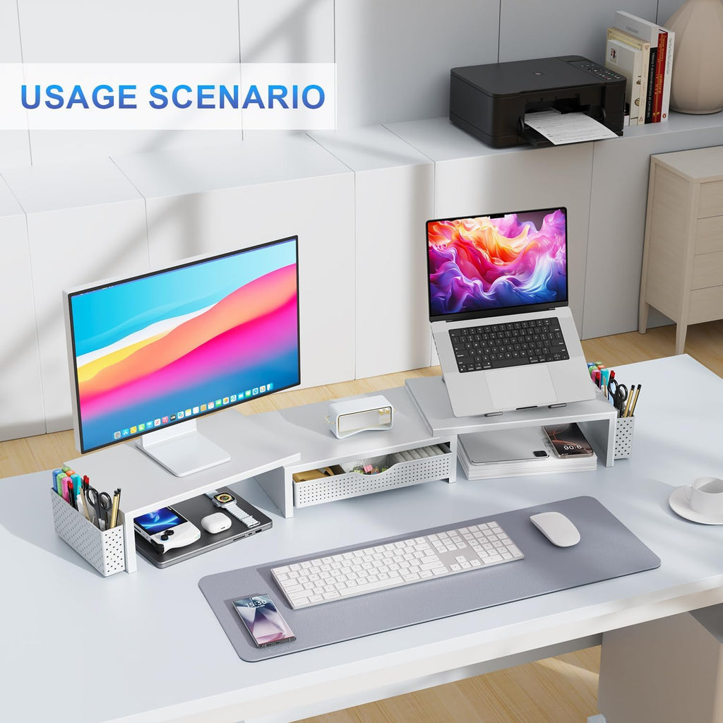 gianotter dual monitor stand riser with drawer and showing dimensions