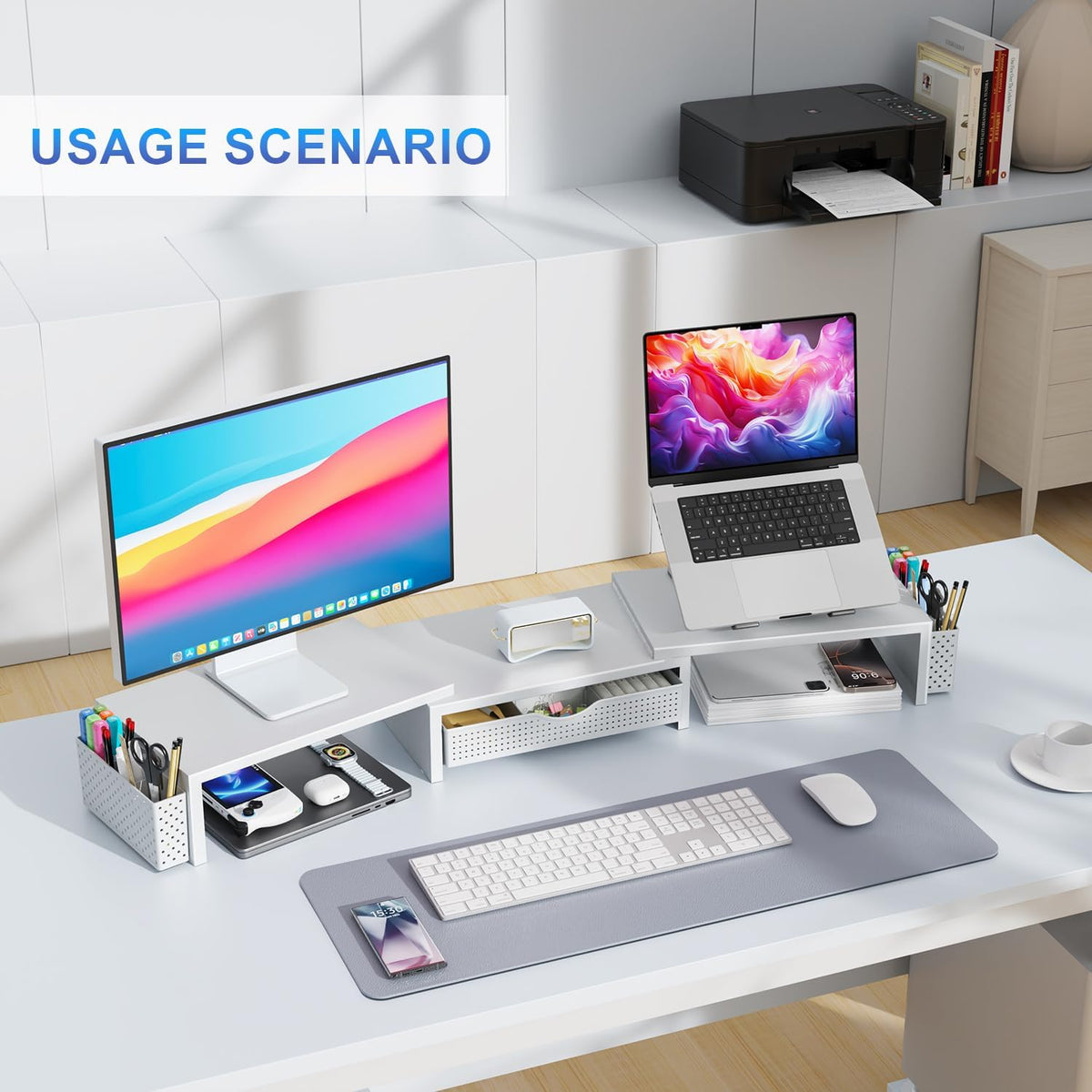 gianotter dual monitor stand riser with drawer and showing dimensions